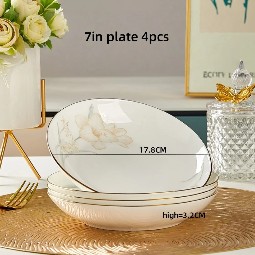 Bone Porcelain Tableware Sets Simple Flower Pattern Bowl And Plate Suitable For Family Gatherings And Party Kitchen Supplies - Julia M LifeStyles