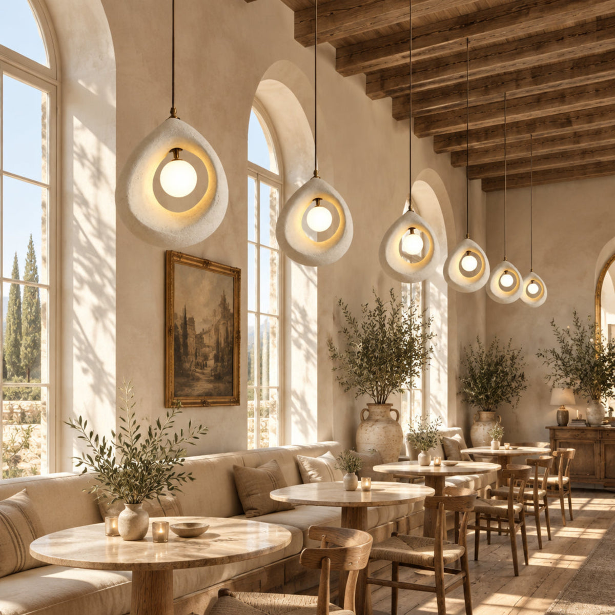A series of modern pendant lights with organic, shell-like white stone or concrete outer shapes and glowing warm yellow inner rings, hanging in a rustic, sunlit Mediterranean-style dining room with wooden tables, chairs, and arched windows.