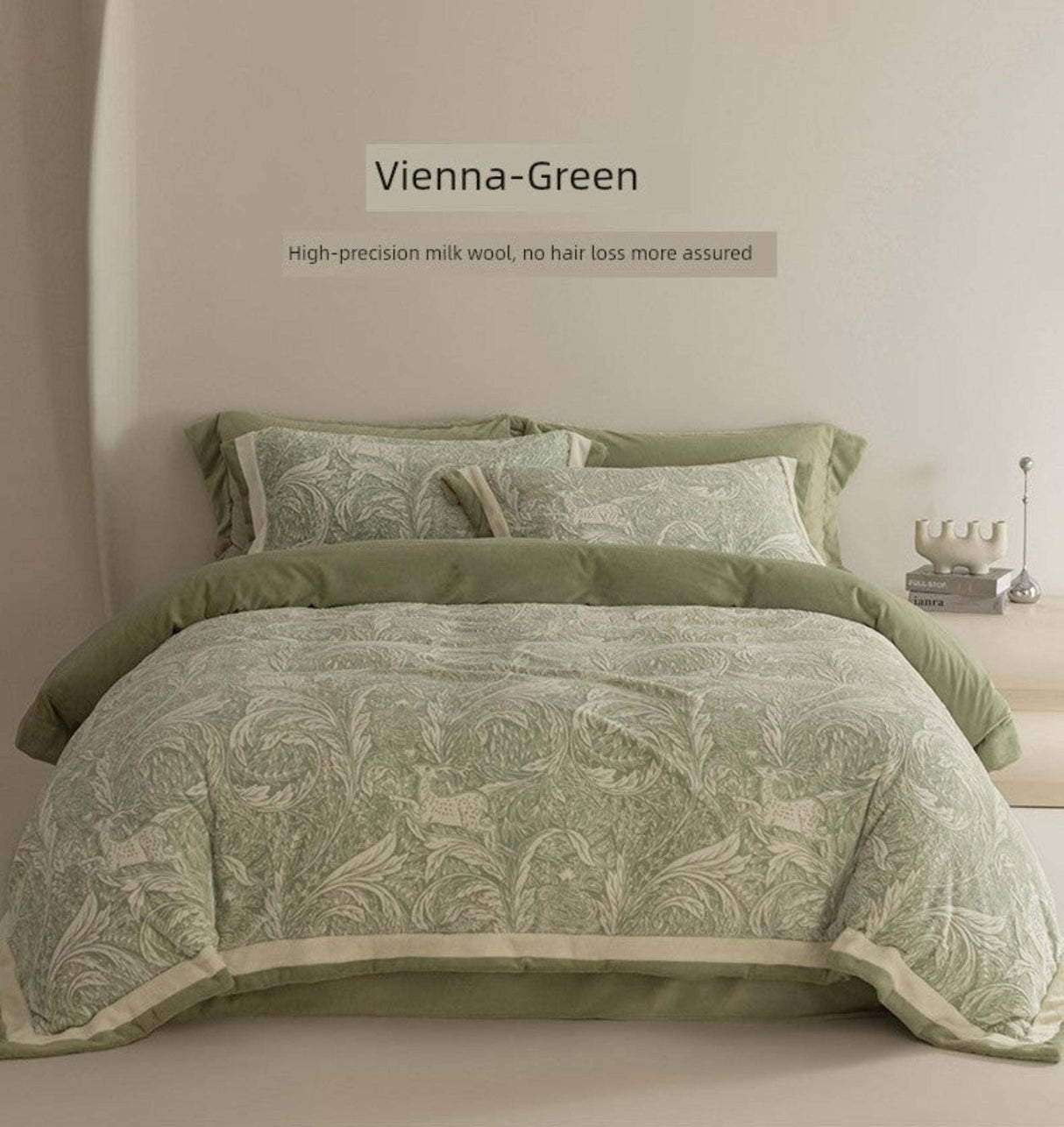 Green floral-patterned comforter set on a bed with 'Vienna Green' label.