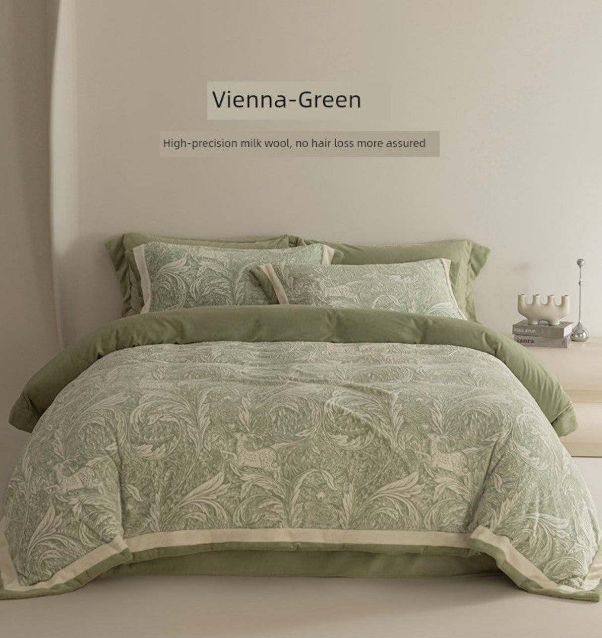 Green floral-patterned comforter set on a bed with 'Vienna Green' label.