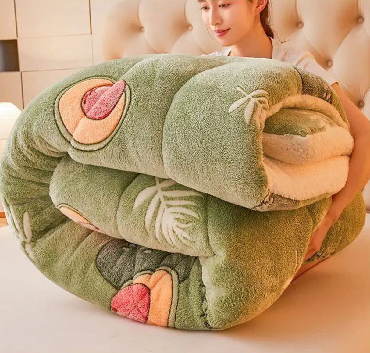 Folded plush toy shaped like a caterpillar held by a person on a light background