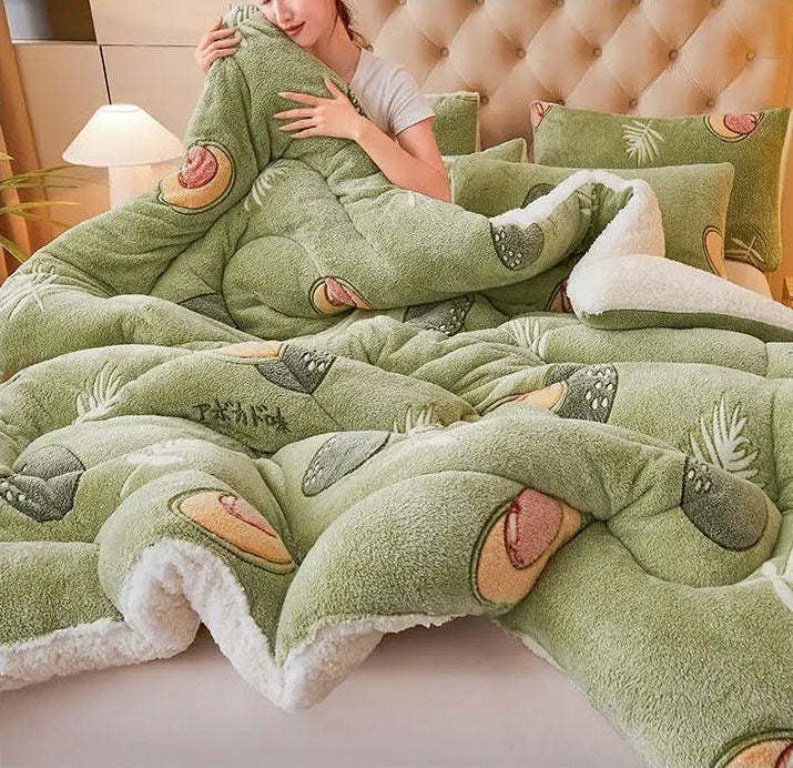 Green plush dinosaur toy on a bed with 'Visual Enjoyment' text above