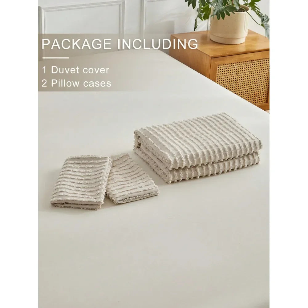 Bohemian Style Khaki Tufted Jacquard Duvet Cover Set, Simple Rustic Polyester Bedding Set, Includes 1 Duvet Cover And 2 Pillow S