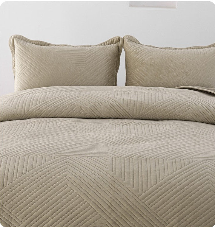 Beige textured bedding set with pillows on a white background, featuring text about anti-static silk skin care.