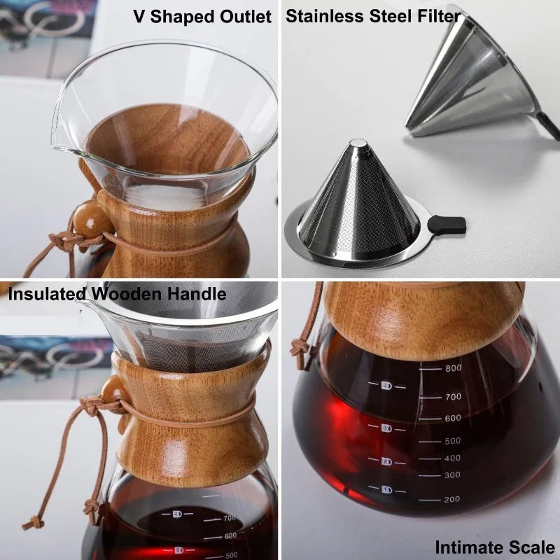 Collage of a wooden coffee maker with features labeled: V-shaped outlet, stainless steel filter, insulated wooden handle, and intimate scale.