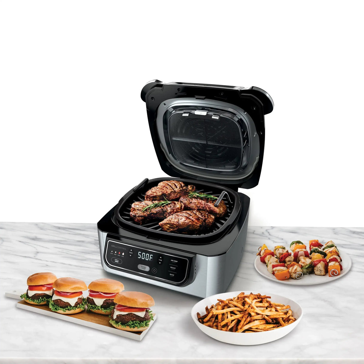 4-in-1 Indoor Grill with 4-Qt Air Fryer, Roast, Bake, & Cyclonic Grilling Technology, Black/Stainless Julia M LifeStyles
