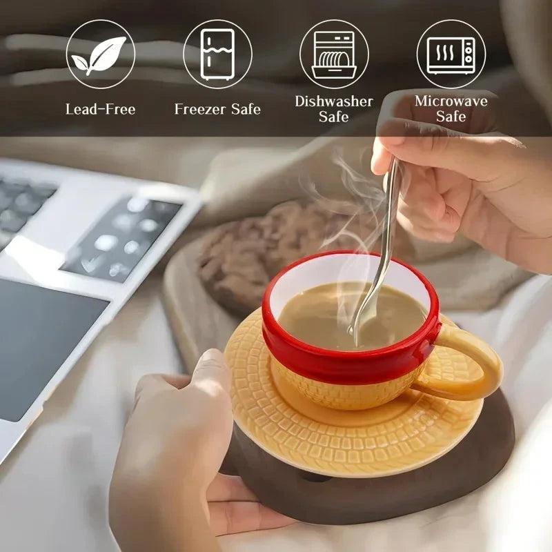 Anime Coffee Mug with Saucer Creative Luffy Ace Sabo Three Brothers Hat Shaped Ceramic Coffee Cup Child's Birthday Gift Cup Julia M LifeStyles