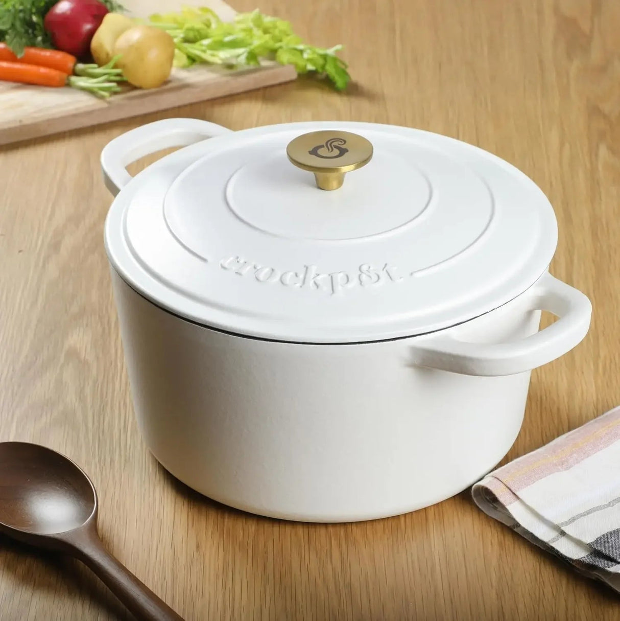 Artisan 7-Quart Round Dutch Oven - Matte Linen White w/Gold Knob Julia M Home & Kitchen