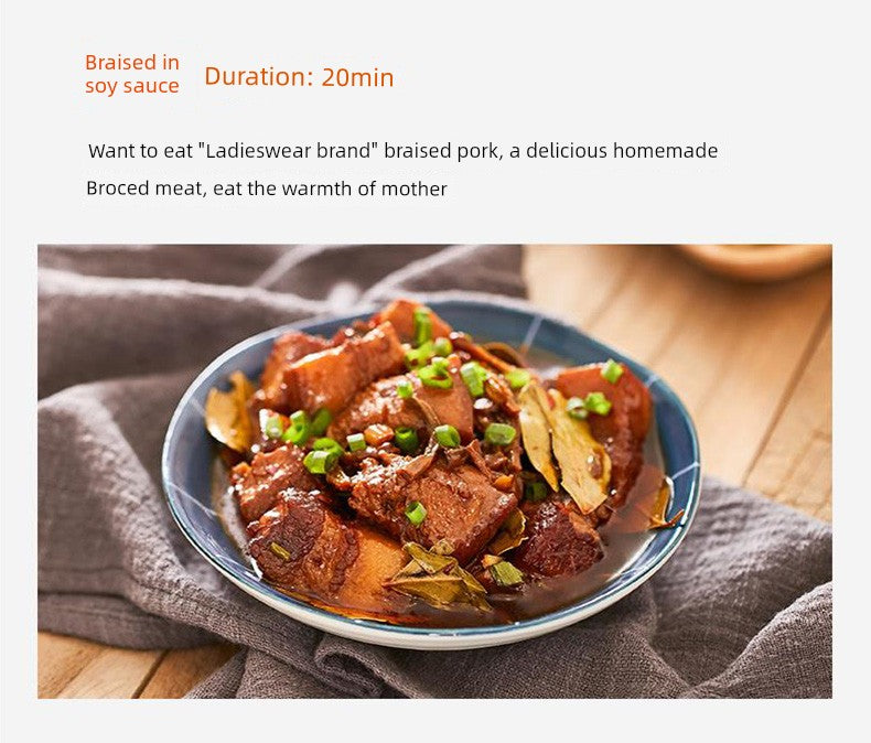 Braised pork dish on a plate with text about cooking duration and brand.