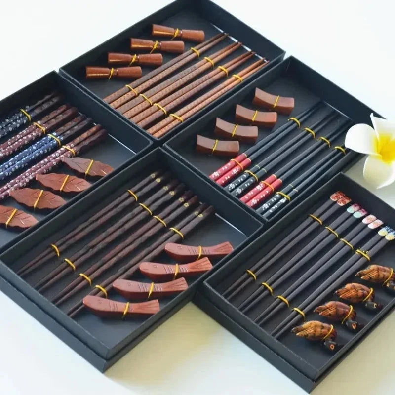 Elegant Chinese Style Wooden Chopstick Gift Set with Rest - 4 Pairs Julia M LifeStyles