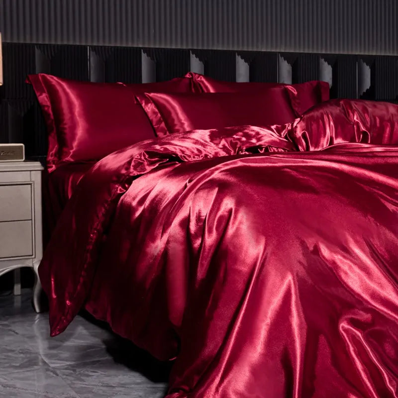 Soft 100% Imitate Silk Satin Duver Cover Sheet Pillow shams Multiple Colors Twin Double (1Duvet Cover+1FlatSheet+2Pillowcases) Julia M LifeStyles