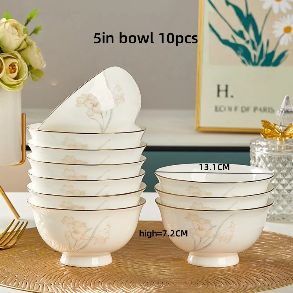 Bone Porcelain Tableware Sets Simple Flower Pattern Bowl And Plate Suitable For Family Gatherings And Party Kitchen Supplies - Julia M LifeStyles