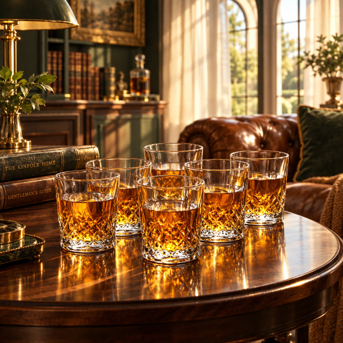 Set of eight glass tumblers with diamond pattern filled with amber liquid on a reflective surface.