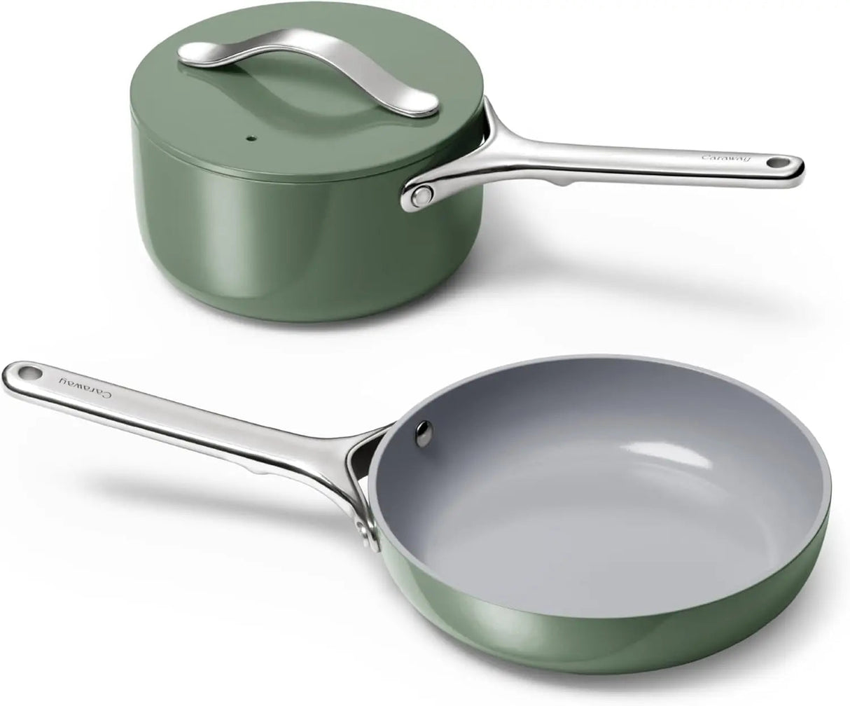 Mini Cookware Set - Non-Stick Ceramic Fry Pan (1.05 qt, 8") Sauce Pan (1.75 qt) & Storage Rack - Non Toxic, PTFE & PFOA Free Julia M Home & Kitchen