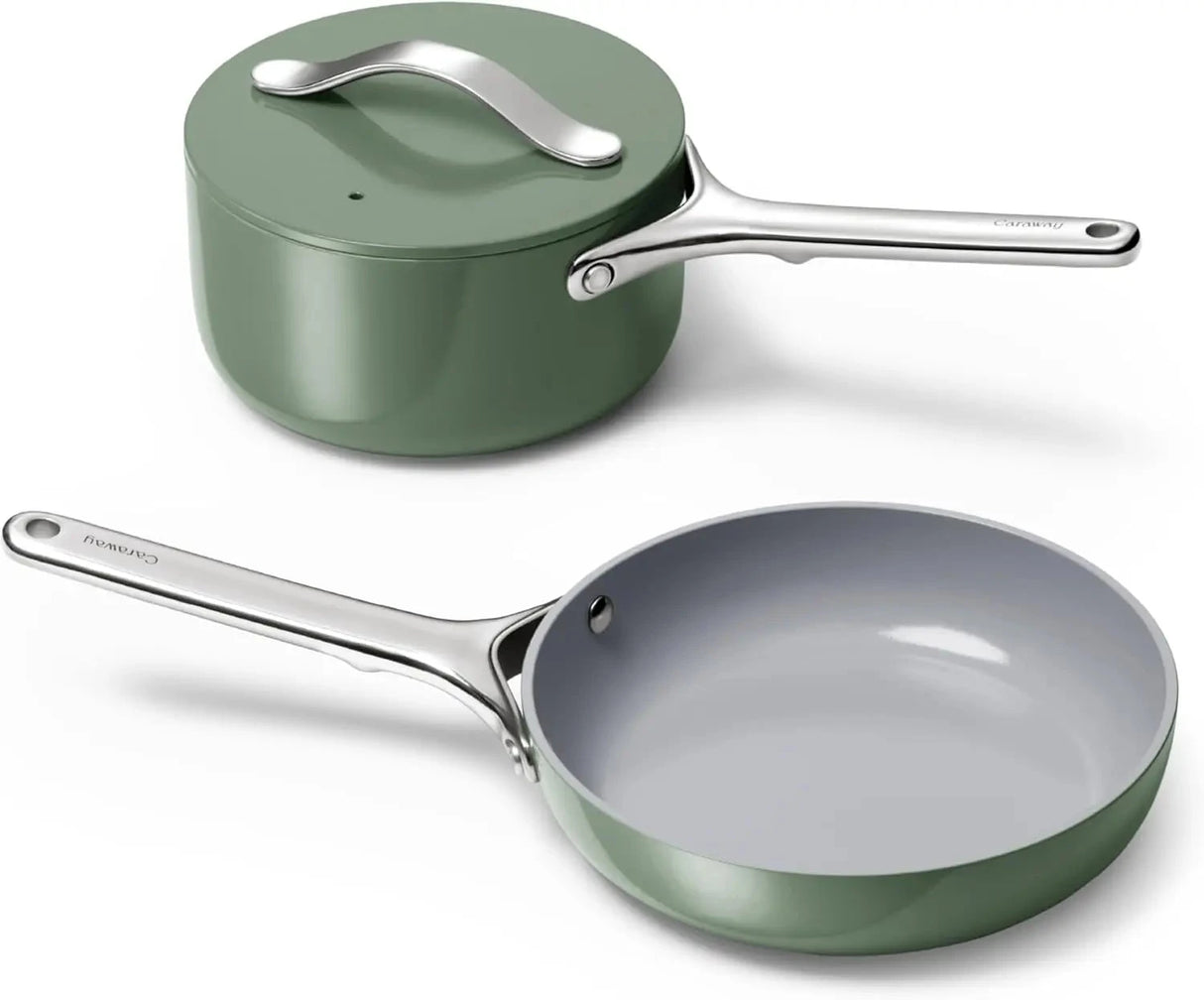 Mini Cookware Set - Non-Stick Ceramic Fry Pan (1.05 qt, 8") Sauce Pan (1.75 qt) & Storage Rack - Non Toxic, PTFE & PFOA Free Julia M Home & Kitchen