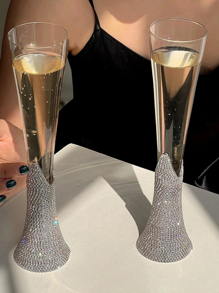 Diamond Women's Champagne mug Set with Diamond Crystal Glass High Leg Wine Cup Drink Cup Gift Wine Glass Beautiful Cups 150ml Julia M Home & Kitchen