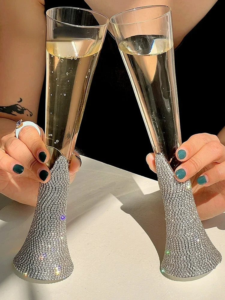 Diamond Women's Champagne mug Set with Diamond Crystal Glass High Leg Wine Cup Drink Cup Gift Wine Glass Beautiful Cups 150ml Julia M Home & Kitchen