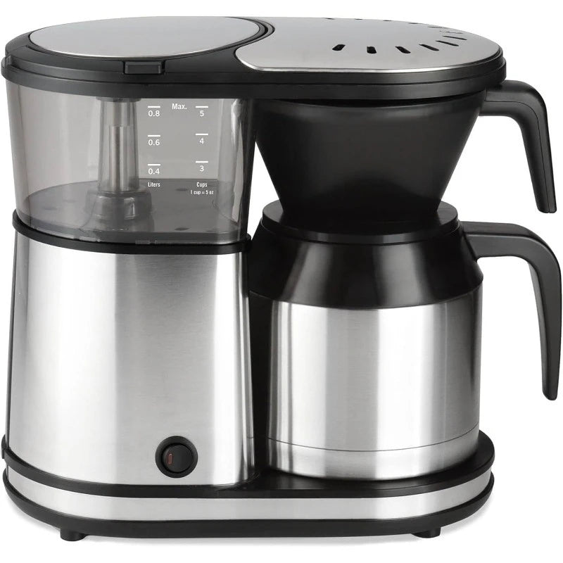 Stainless steel and black coffee maker on a white background