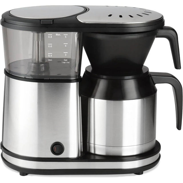 Stainless steel and black coffee maker on a white background