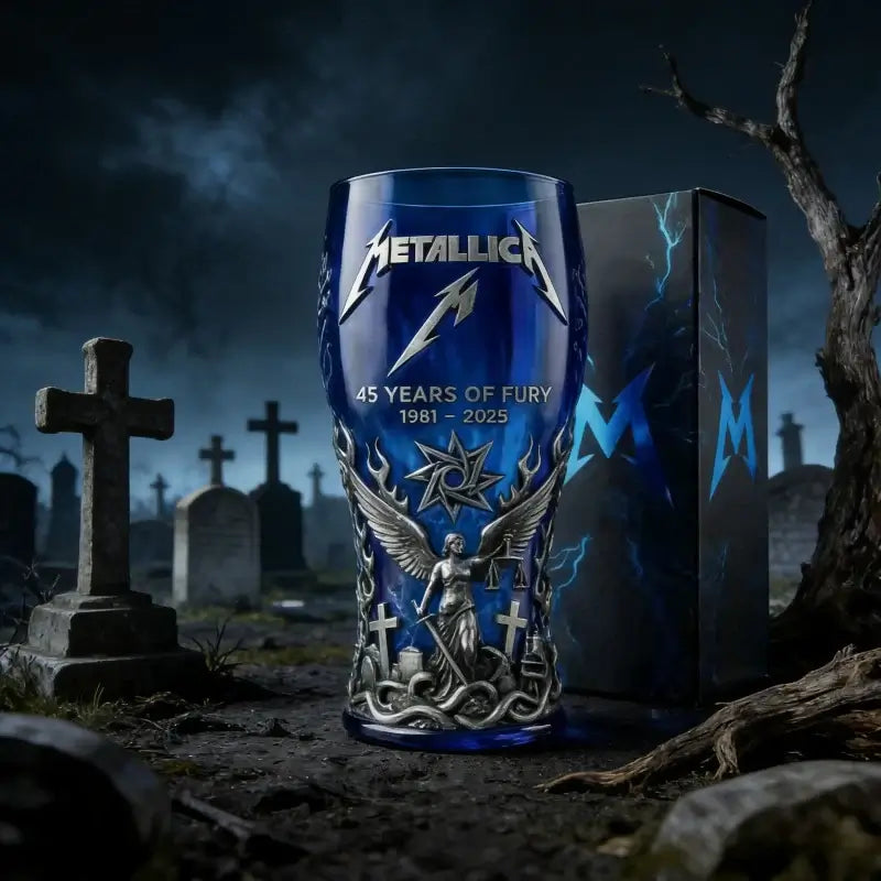 Metallica 45 Years of Fury Commemorative Glass, Vintage Heavy Metal Band Beer Mug, 3D Relief Blue Drinking Glass Rock Music