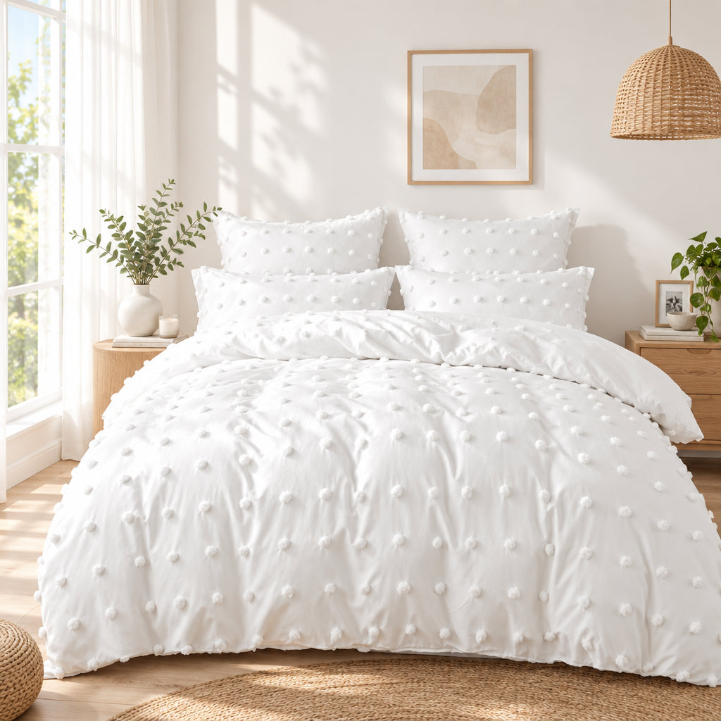 A styled bedroom scene showing a bed dressed in white textured bedding with matching pillows, set against a light wall with decorative wall hangings and side tables. Above the scene, text reads 'DESIGN CONCEPT' and 'EXQUISITE-LIGHT LUXURY' with descriptive copy about elegant high-end bedding.