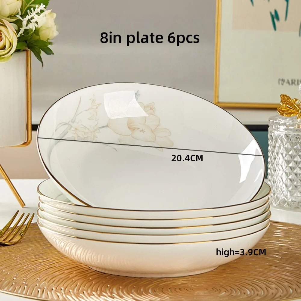 Bone Porcelain Tableware Sets Simple Flower Pattern Bowl And Plate Suitable For Family Gatherings And Party Kitchen Supplies - Julia M LifeStyles