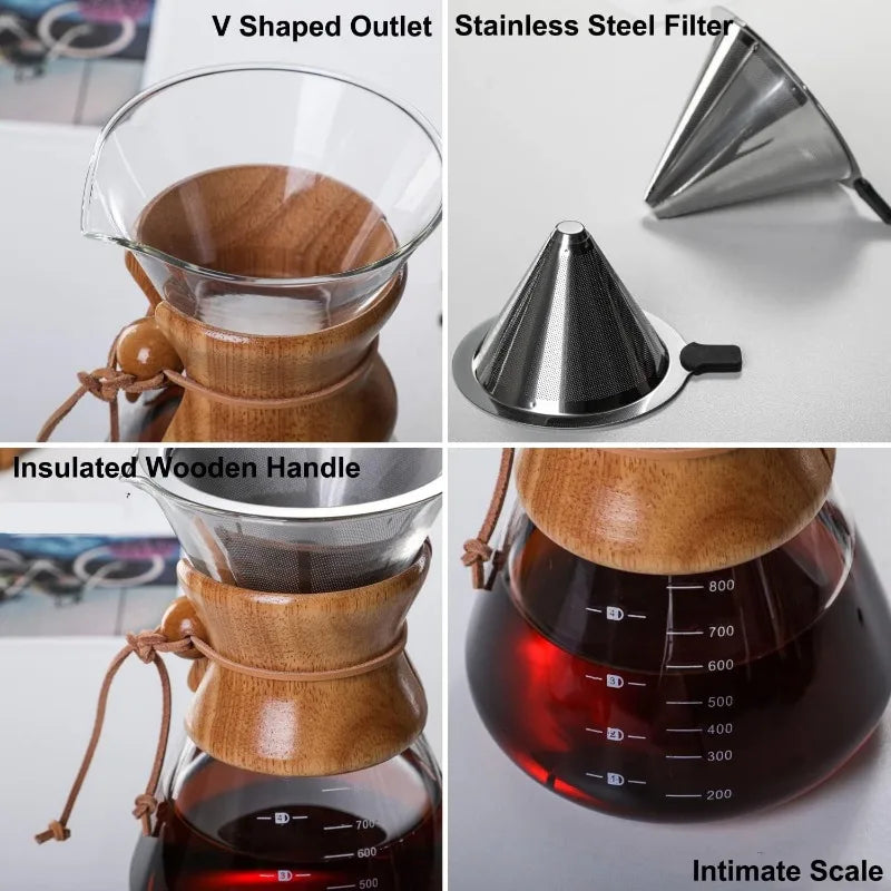 Collage of a coffee maker with features highlighted: V-shaped outlet, stainless steel filter, insulated wooden handle, and intimate scale.