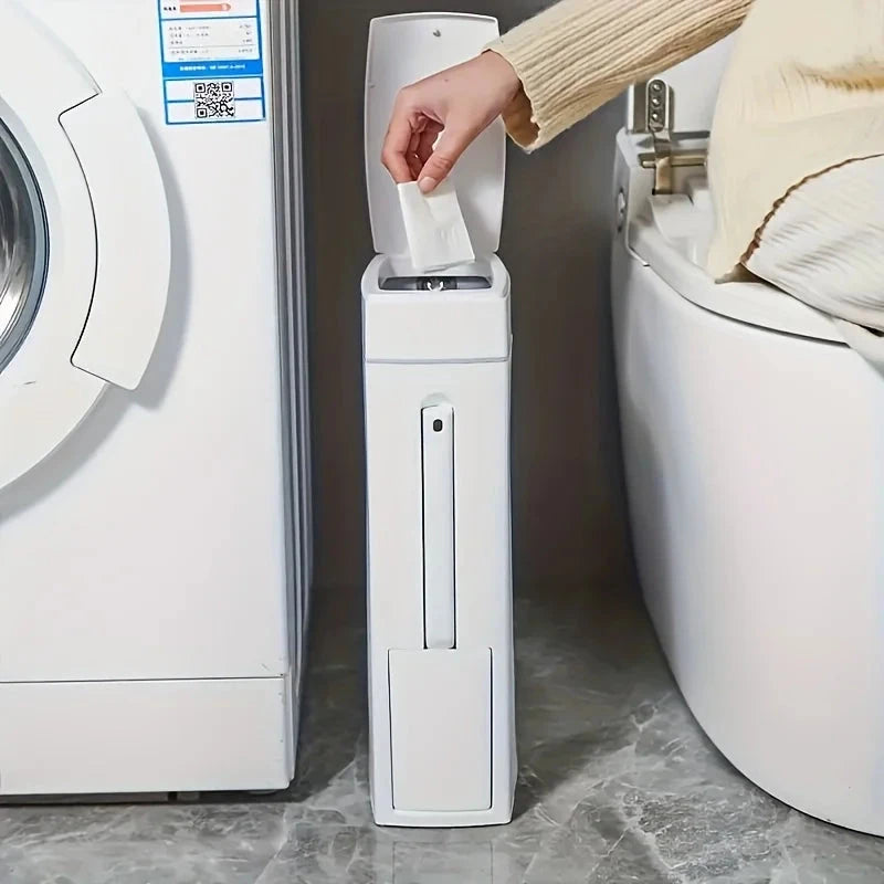 Space Saving Press Trash Can with Built In Toilet Brush Holder Durable Plastic Modern Minimalist Design for Small Bathroom Julia M Home & Kitchen