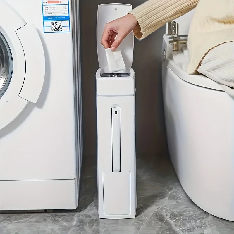 Space Saving Press Trash Can with Built In Toilet Brush Holder Durable Plastic Modern Minimalist Design for Small Bathroom Julia M Home & Kitchen