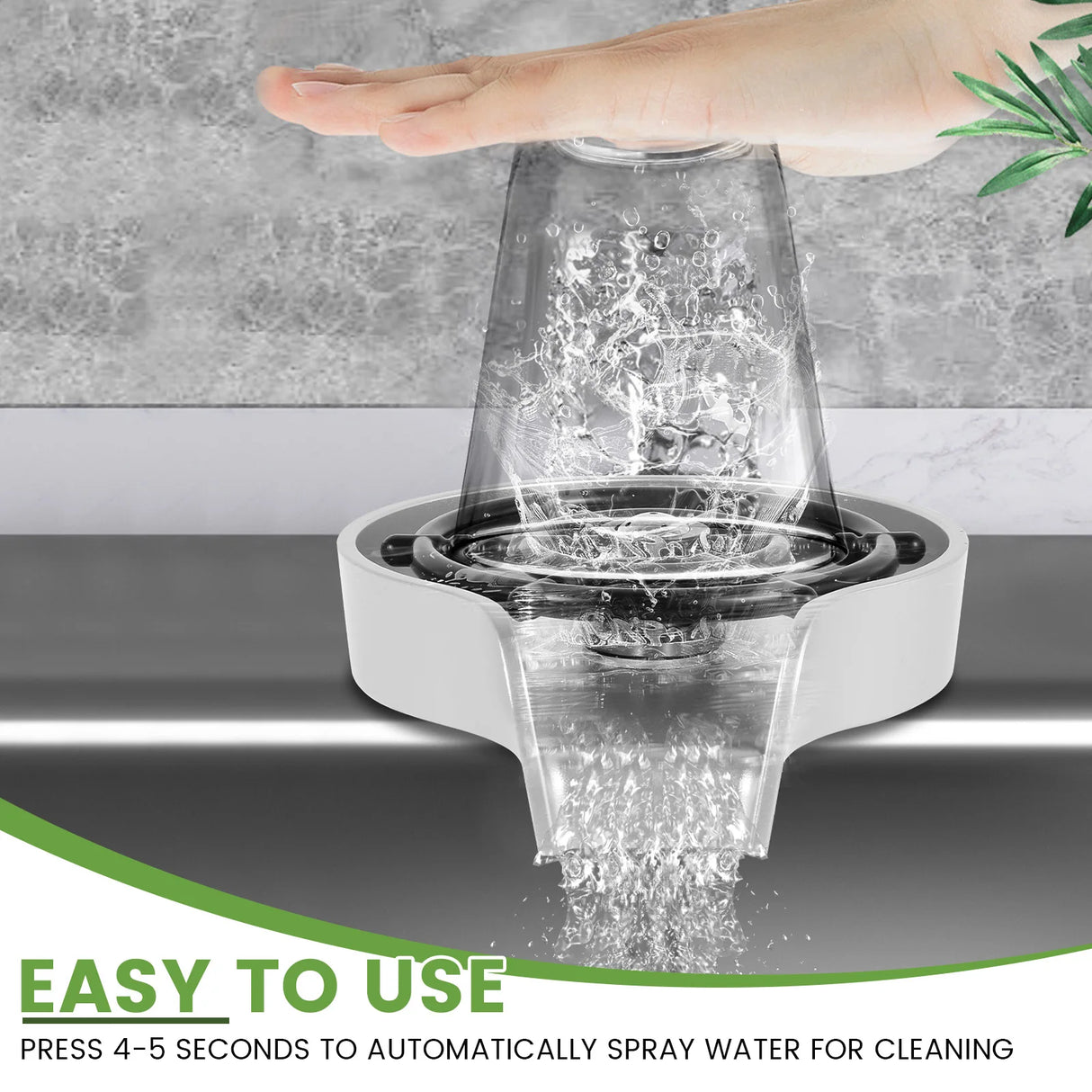 Hand using a self-cleaning faucet with text indicating ease of use.