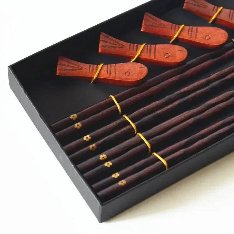 Elegant Chinese Style Wooden Chopstick Gift Set with Rest - 4 Pairs Julia M LifeStyles