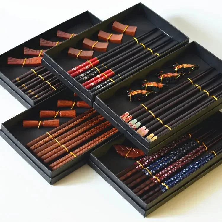 Elegant Chinese Style Wooden Chopstick Gift Set with Rest - 4 Pairs Julia M LifeStyles
