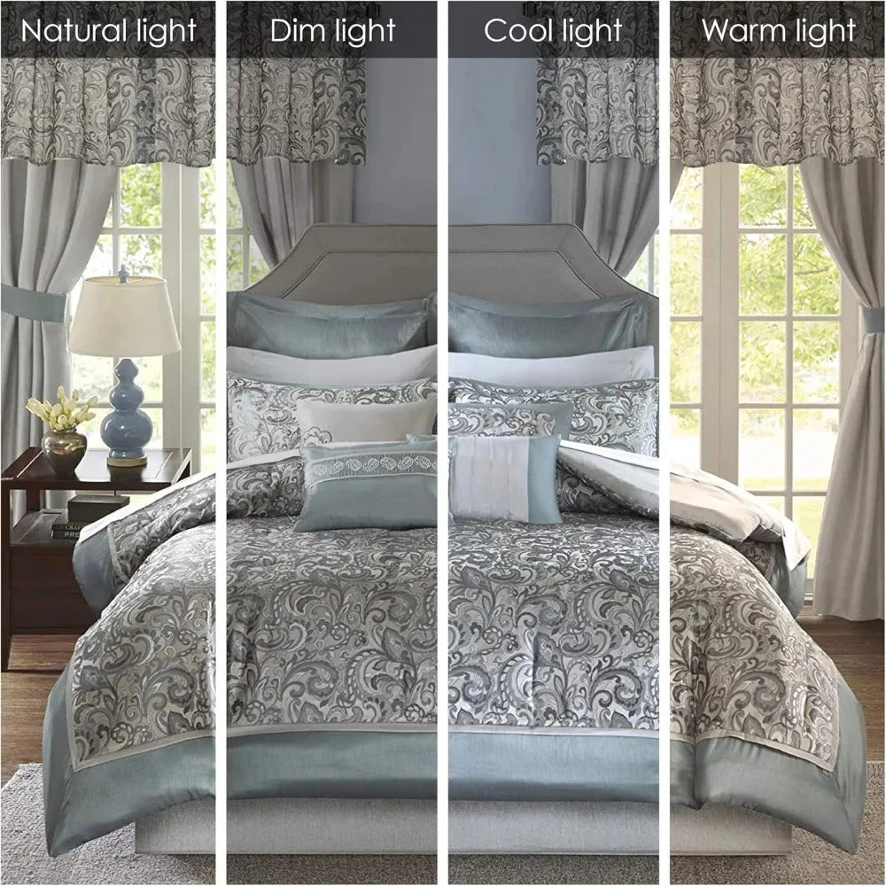 24 Piece Faux Silk Paisley Queen Comforter Set with Matching Curtains, Down Alternative Hypoallergenic - Teal Julia M LifeStyles