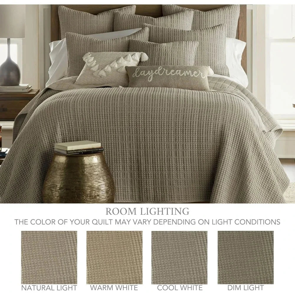Elegant Taupe Cotton Waffle Quilt Set with Pillow Shams for Full/Queen Bed Julia M LifeStyles