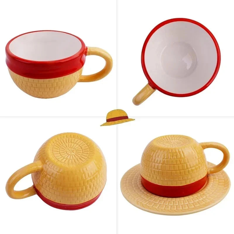 Anime Coffee Mug with Saucer Creative Luffy Ace Sabo Three Brothers Hat Shaped Ceramic Coffee Cup Child's Birthday Gift Cup Julia M LifeStyles