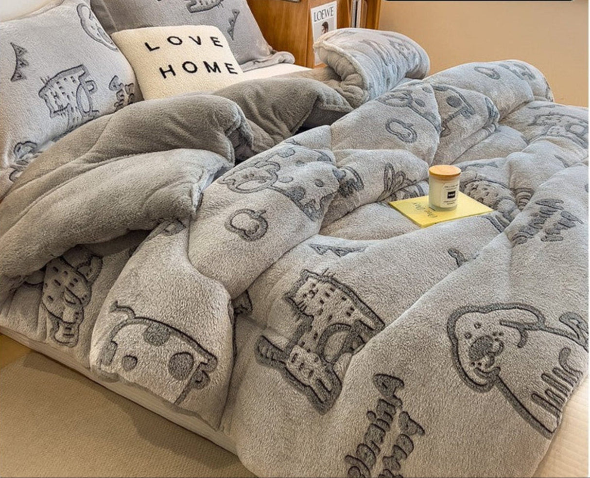 Fluffy gray bedding set with animal patterns on a bed, featuring a 'Rapid delivery' label.