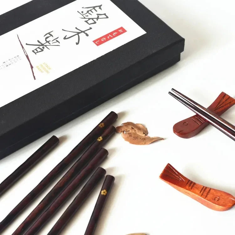 Elegant Chinese Style Wooden Chopstick Gift Set with Rest - 4 Pairs Julia M LifeStyles