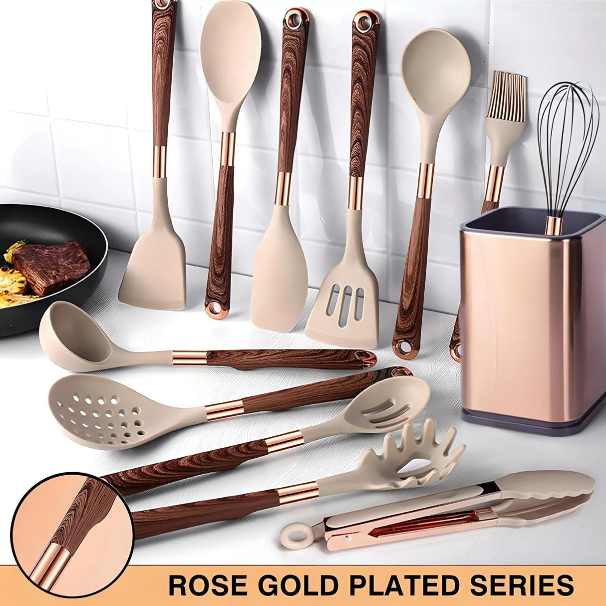 Silicone Kitchen Utensils Set - Heat Resistant, Non-stick, Rose Gold Plated Handles - Julia M LifeStyles