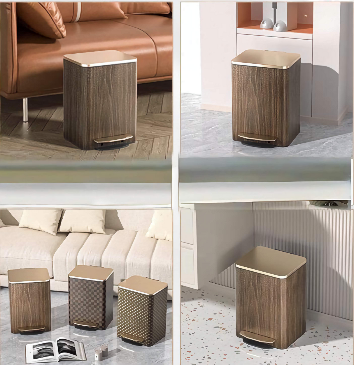 Wooden side table with beige top in various settings