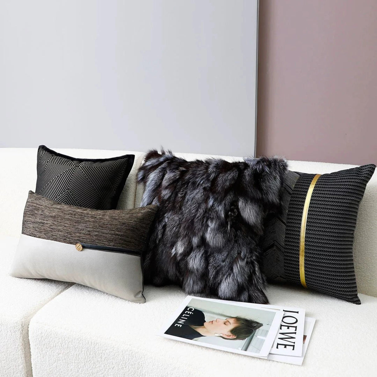 Accessible Luxury Wind Black Geometric Fox Fur Pillow Cover - Julia M LifeStyles