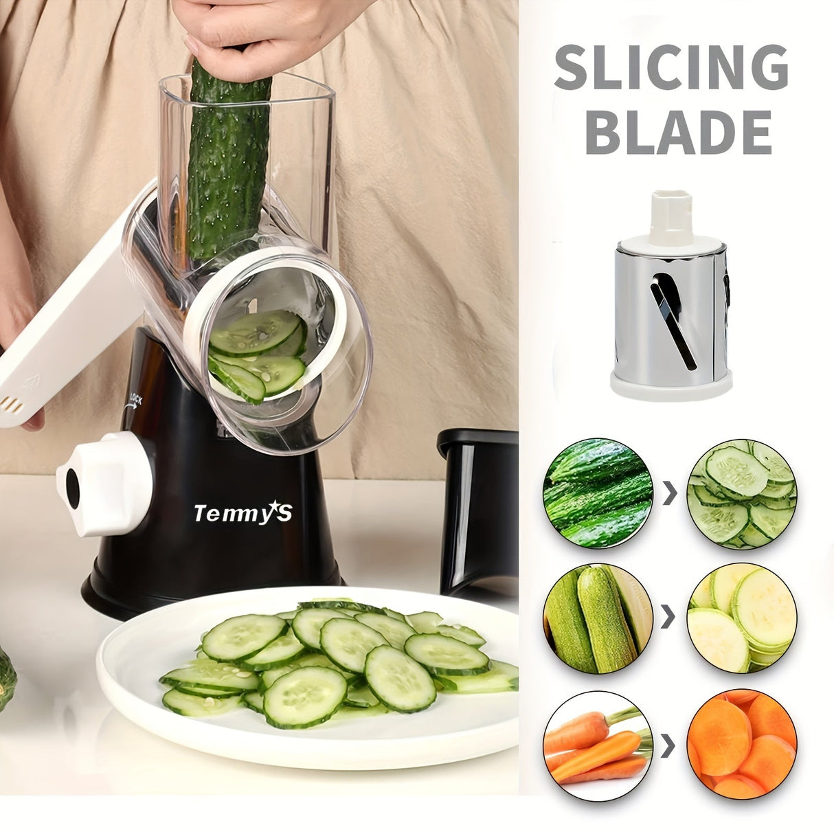 Rotary Cheese Grater and Vegetable Slicer - Kitchen Mandoline with 3 Interchangeable Blades, Easy-to-Clean for Fruits, Potatoes, Carrots, Nuts Julia M LifeStyles