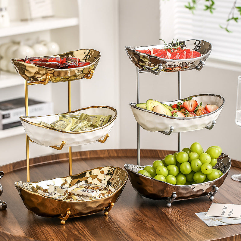 Multi-Layer Light Luxury Ceramic Fruit Tray with Electroplated Gold or Silver Frame