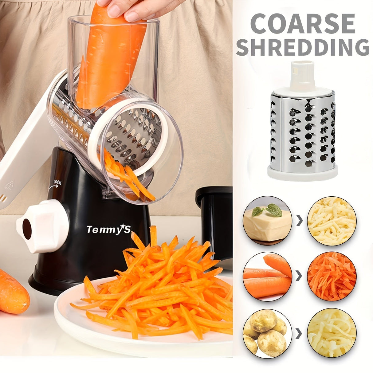 Rotary Cheese Grater and Vegetable Slicer - Kitchen Mandoline with 3 Interchangeable Blades, Easy-to-Clean for Fruits, Potatoes, Carrots, Nuts Julia M LifeStyles