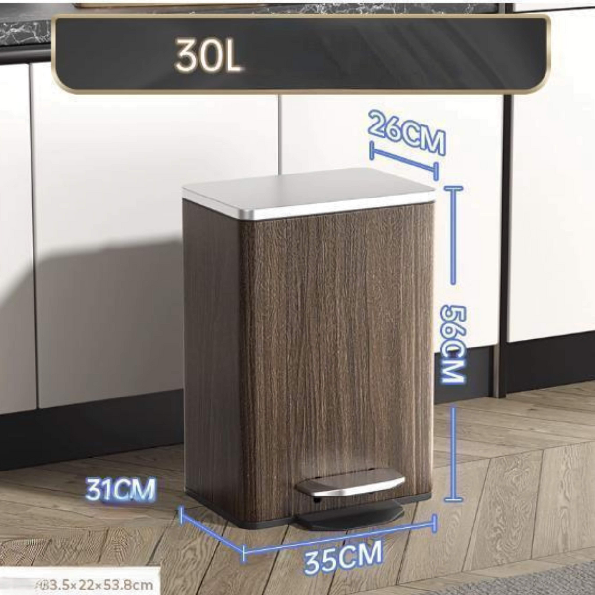 Wooden trash bin with dimensions labeled on a kitchen floor.