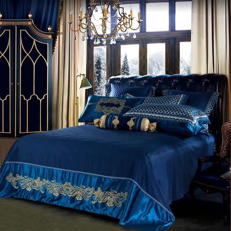 Blue Black Silk Satin Luxury Royal Bedding set Queen King size Bed set Bed/Flat sheet Bed spread set Pillowcase Duvet cover - Julia M LifeStyles