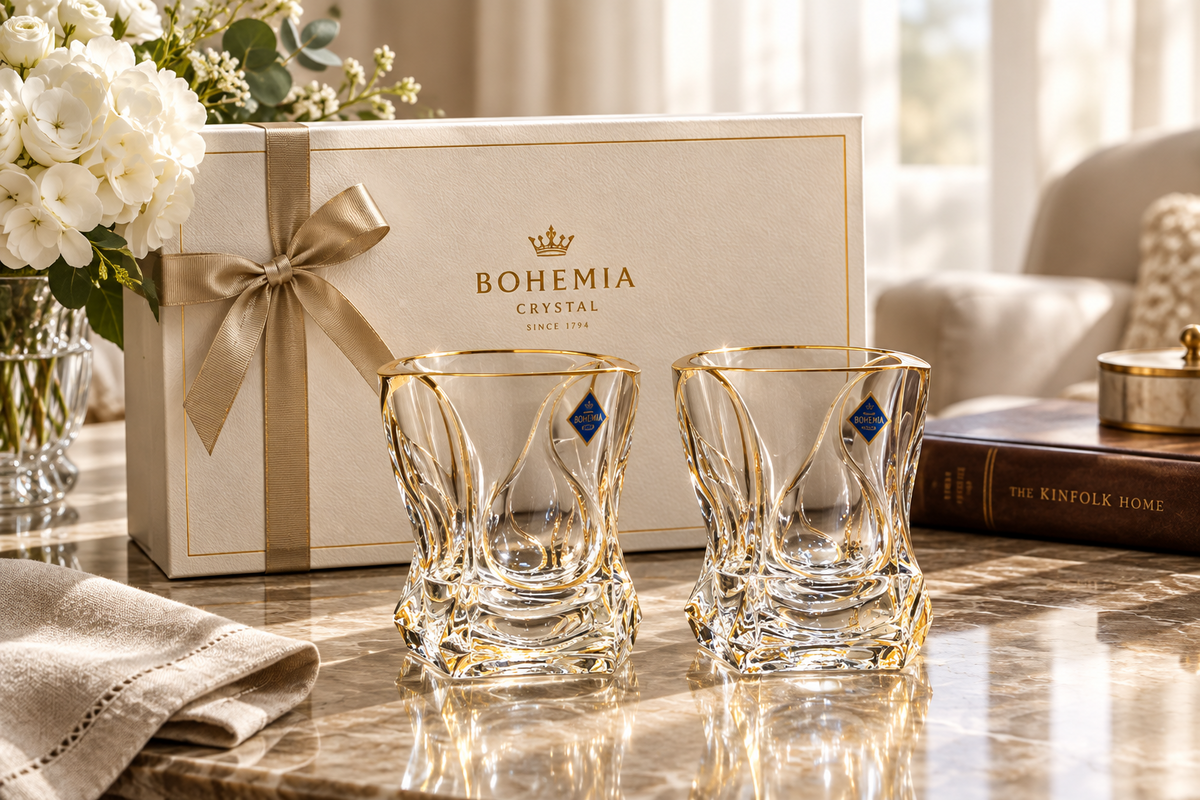 Two crystal glasses in a decorative box with a black interior.