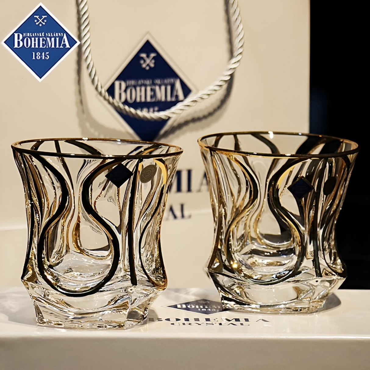 Bohemia Crystal Gold Whiskey & Wine Glass Set Julia M LifeStyles