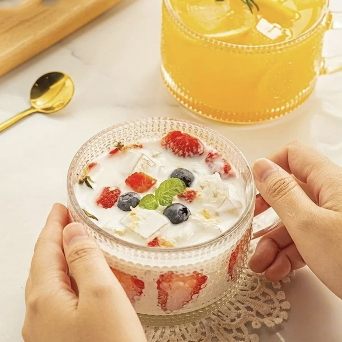 Vintage 14 Oz Embossed Glass Coffee and Tea Mugs Julia M LifeStyles