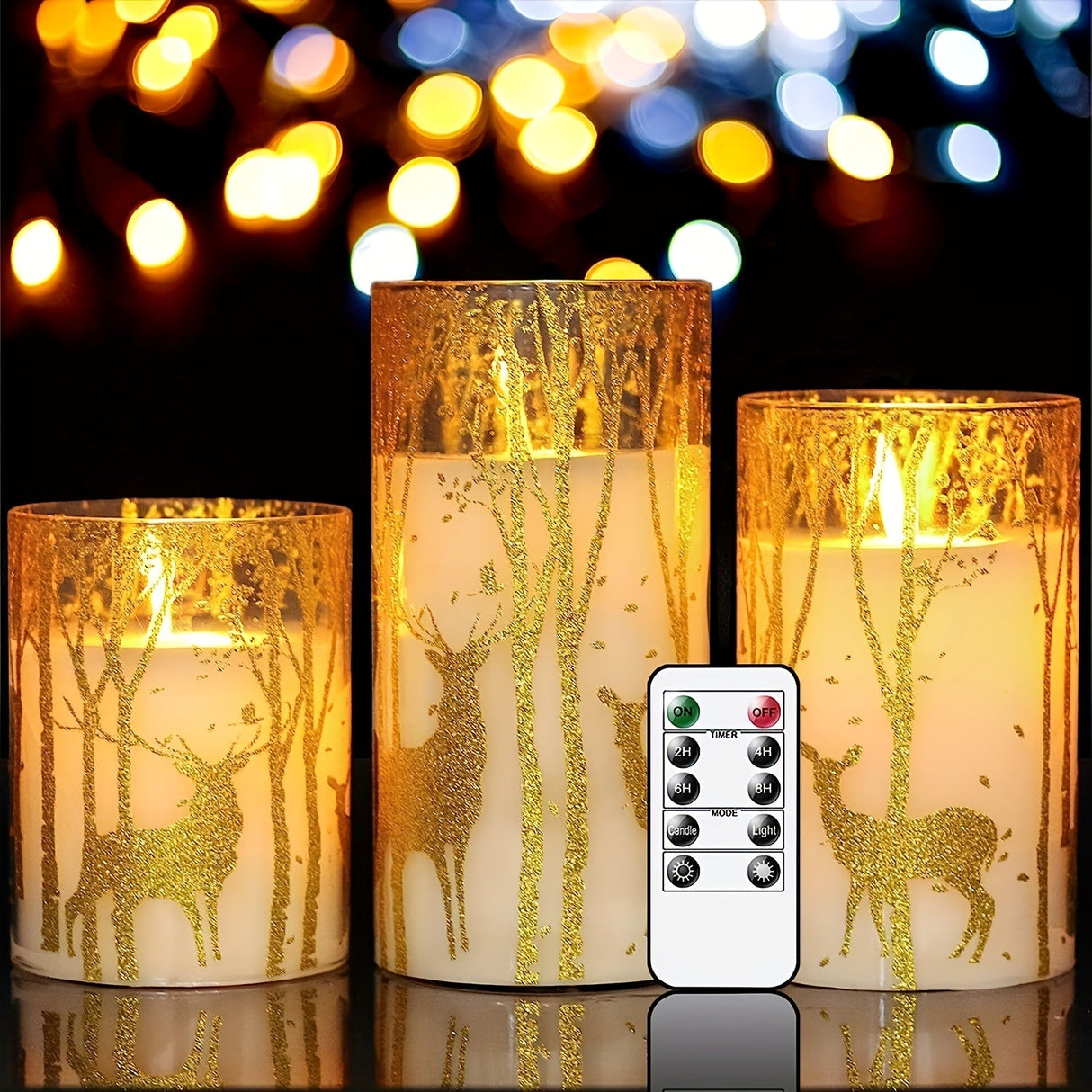 3pcs Real Wax Pillar Candles With Deer Decoration And A Remote Control Timer, Powered By Batteries, With LED Flickering Lights, For Holiday Decoration, Valentine's Day, Confession, Proposal Gift, Parties, Outdoor Camping, Chr Julia M LifeStyles