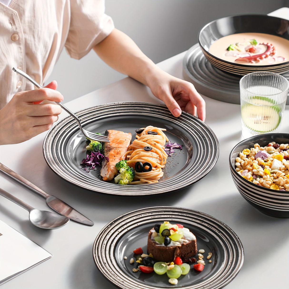 16-Piece Modern Grey Stoneware Dinnerware Set - Elegant Bark Glaze Julia M LifeStyles